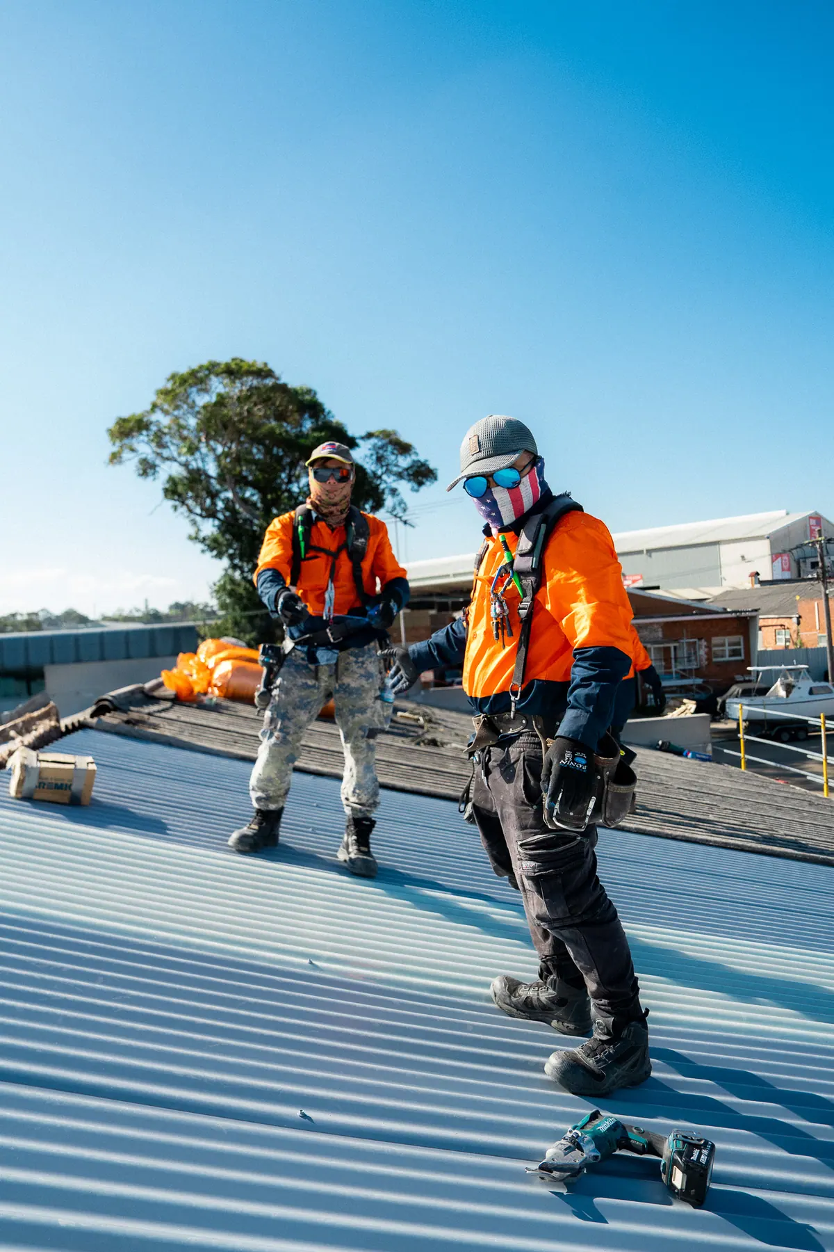 Two roofers checking the run of new sheets