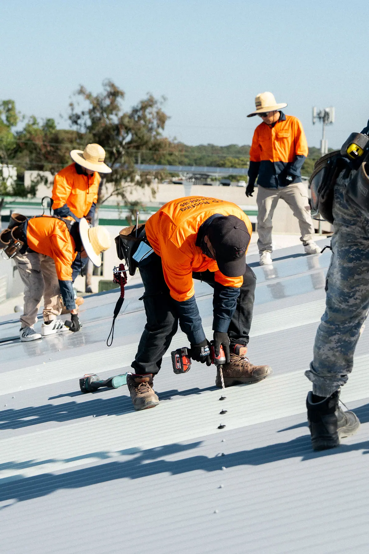 Crew spread across the roof fixing new sheets